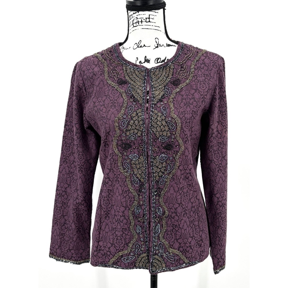Chicos Victorian Beaded Jacket Size 0 US Small Purple Embellished Open Front NWT